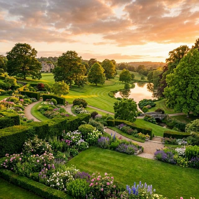 Beautiful landscaped garden at golden hour